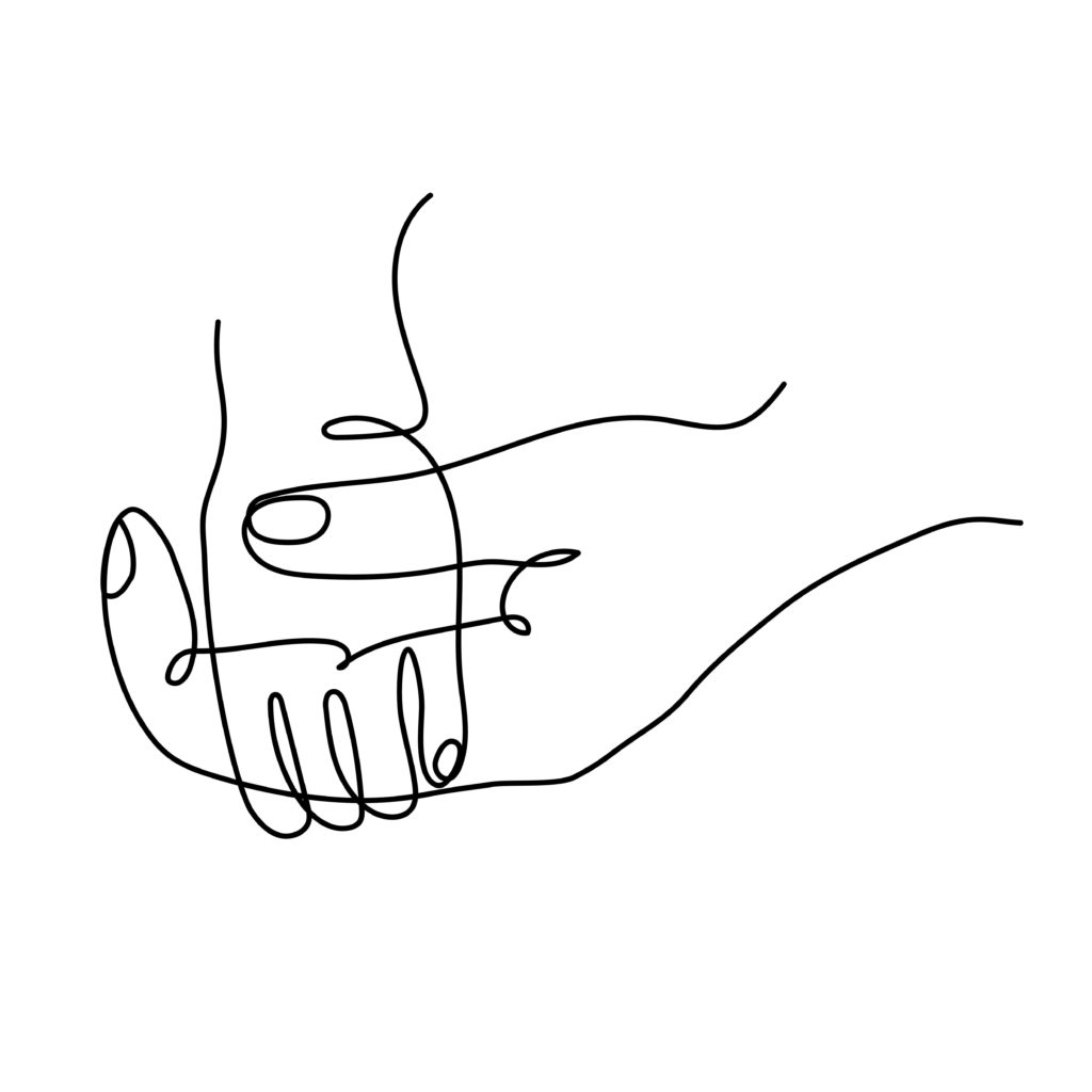 Icon of an adult parents hand holding a small childs hand. Simple line art vector illustration