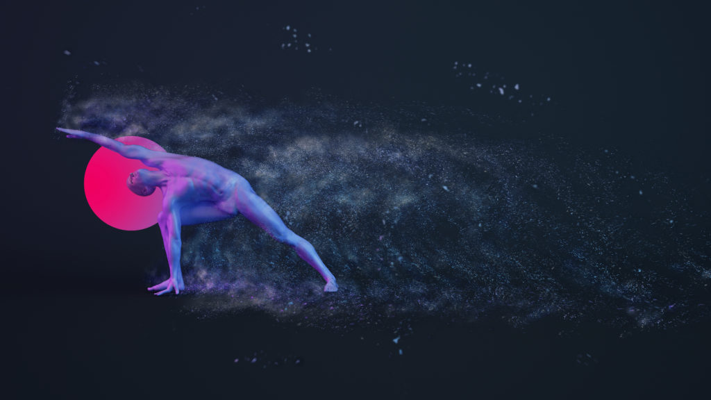 Abstract,Colorful,Plastic,Human,Body,With,Scattering,Particles,Over,Black