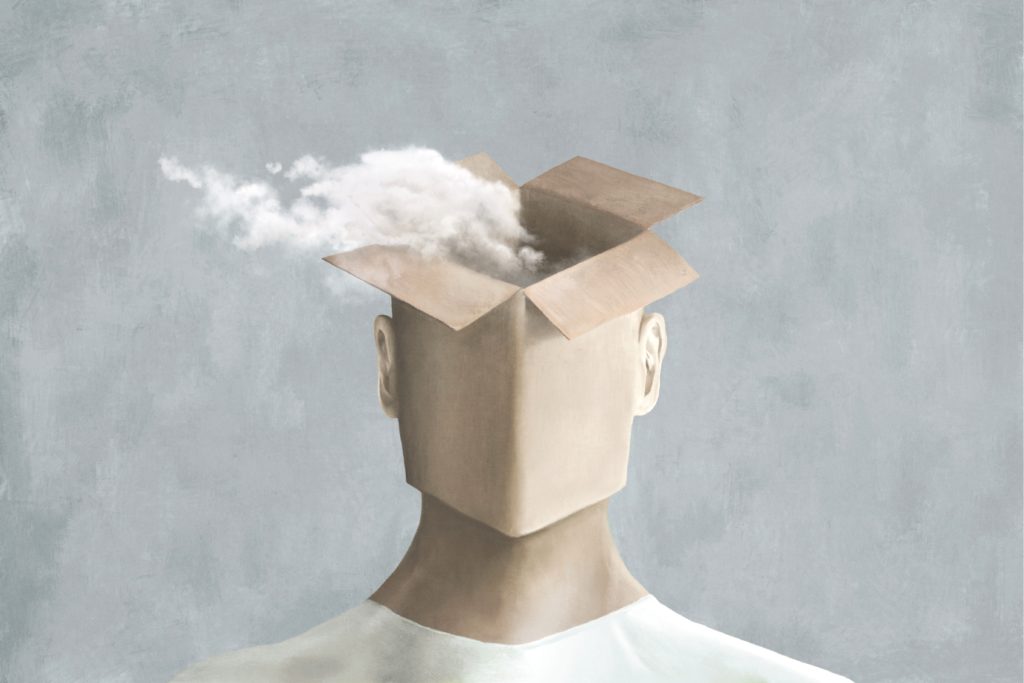 Illustration,Of,Surreal,Man,,Thinking,Outside,The,Box,Concept