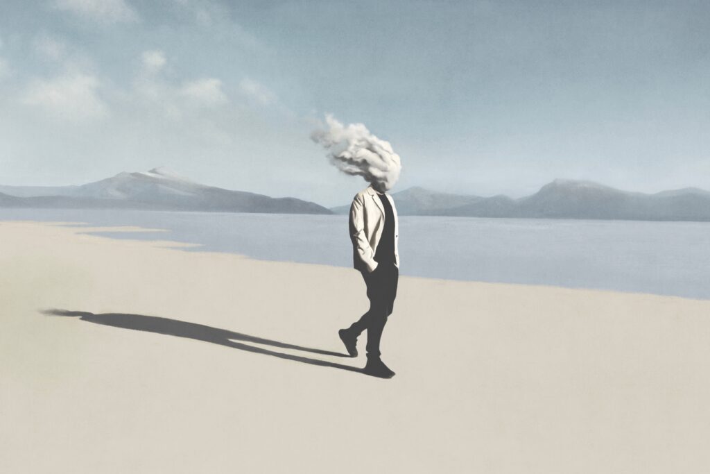 Illustration,Of,Man,Walking,With,Cloud,Over,His,Head,,Surreal